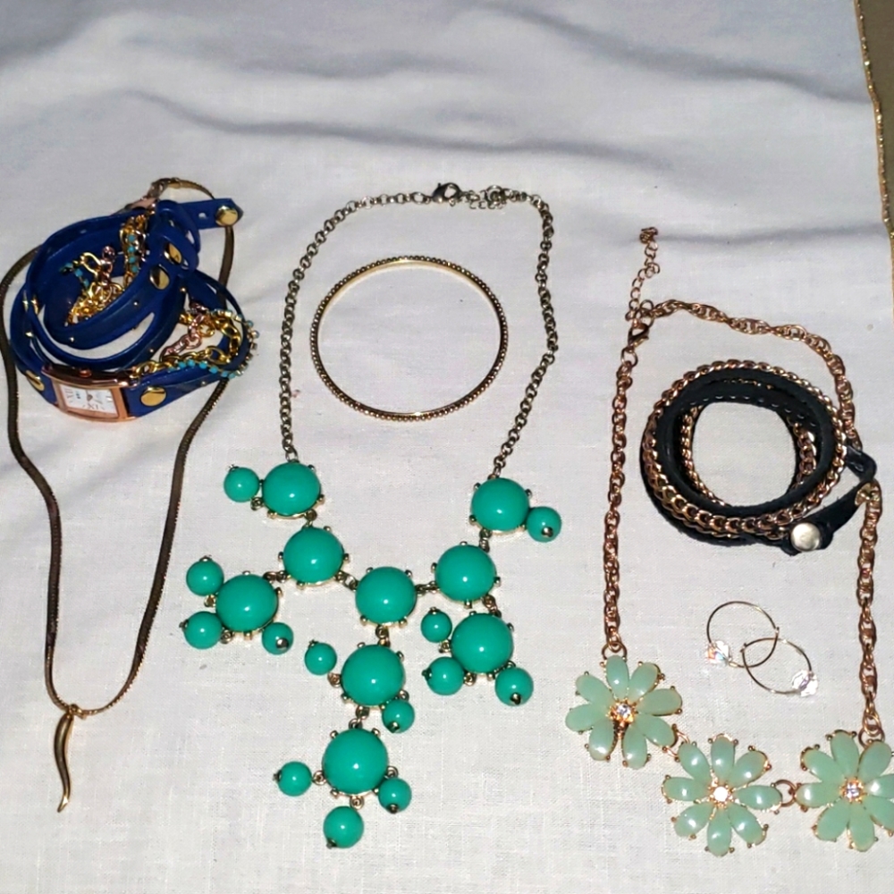 3 Necklaces, 2 Bracelets, Pair Earrings, watch